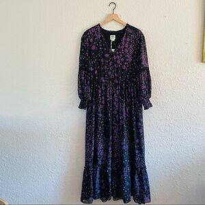 Haute Hippie Floral Silk Tiered Maxi Dress in Black & Purple NWT